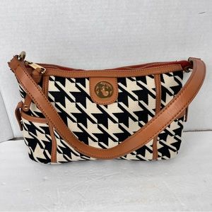 Spartina 449 small shoulder bag in black/cream houndstooth-linen canvas